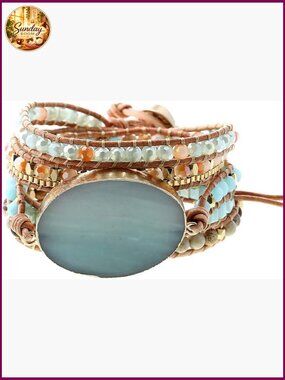Women Boho Handmade Natural Stone Crystal Leather Wrap Bracelet